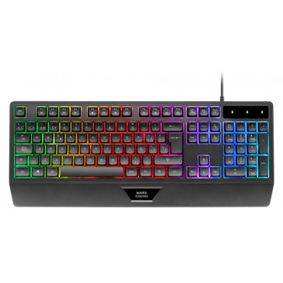 Mars Gaming MK124, Teclado Ergonómico H-Mech, Reposamuñecas Integrado, Iluminación FRGB Rainbow, Teclado Gaming Antighosti