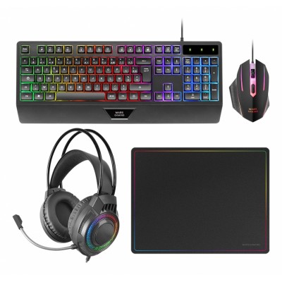 Mars Gaming MCP124PRO, Combo Gaming 4en1, Teclado RGB H-Mech con Reposamuñecas, Ratón RGB 3200DPI y Switches HUANO, Auricul
