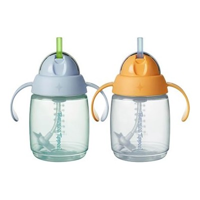 Tommee Tippee — Pack de 2 vasos con pajita lastrada y asas, 240 ml, azul y naranja