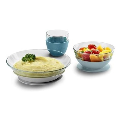 Béaba & Duralex — Vajilla infantil de vidrio con plato, bol y vaso con base de silicona, Jungle