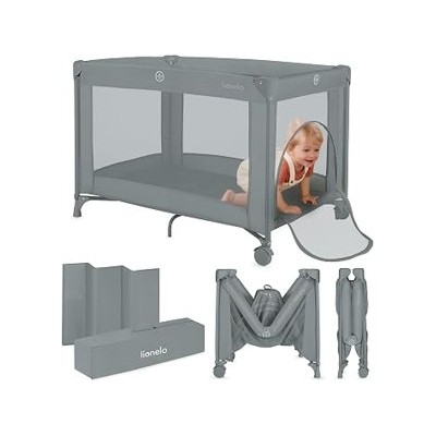 Lionelo Amelie — Cuna de viaje plegable, hasta 15 kg, con colchón y bolsa, gris